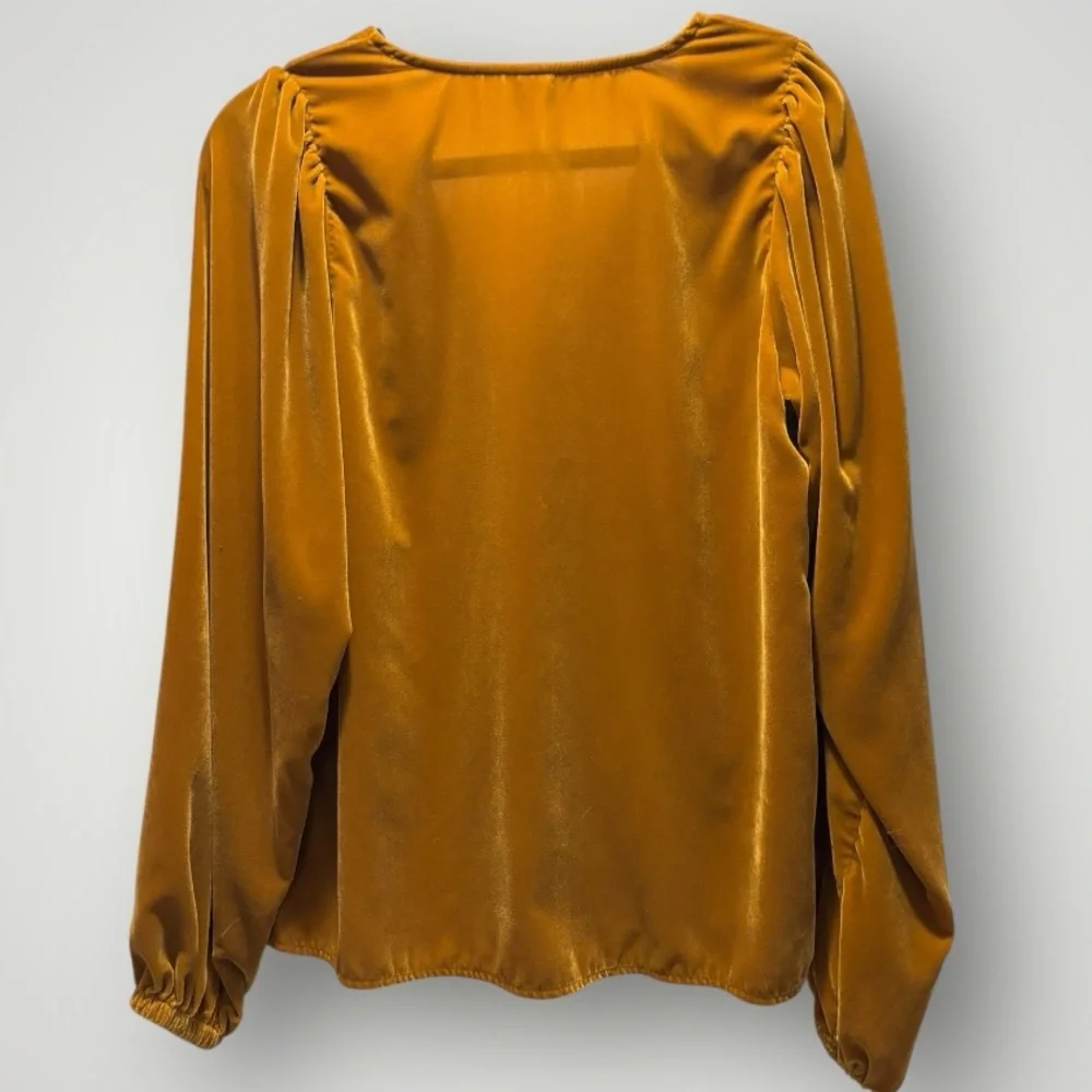 Old Navy Mustard Gold Romantic Velvet V-Neck Top Long Puff Sleeves Size M Tall